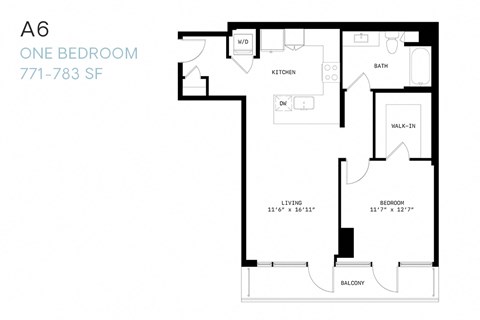 Floor plan for 1 bed, 1 bath, 771 sqft